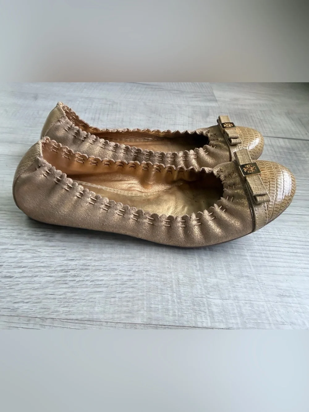 Tory Burch Metallic Gold Elastic Ballet Flats with Logo Bow 8